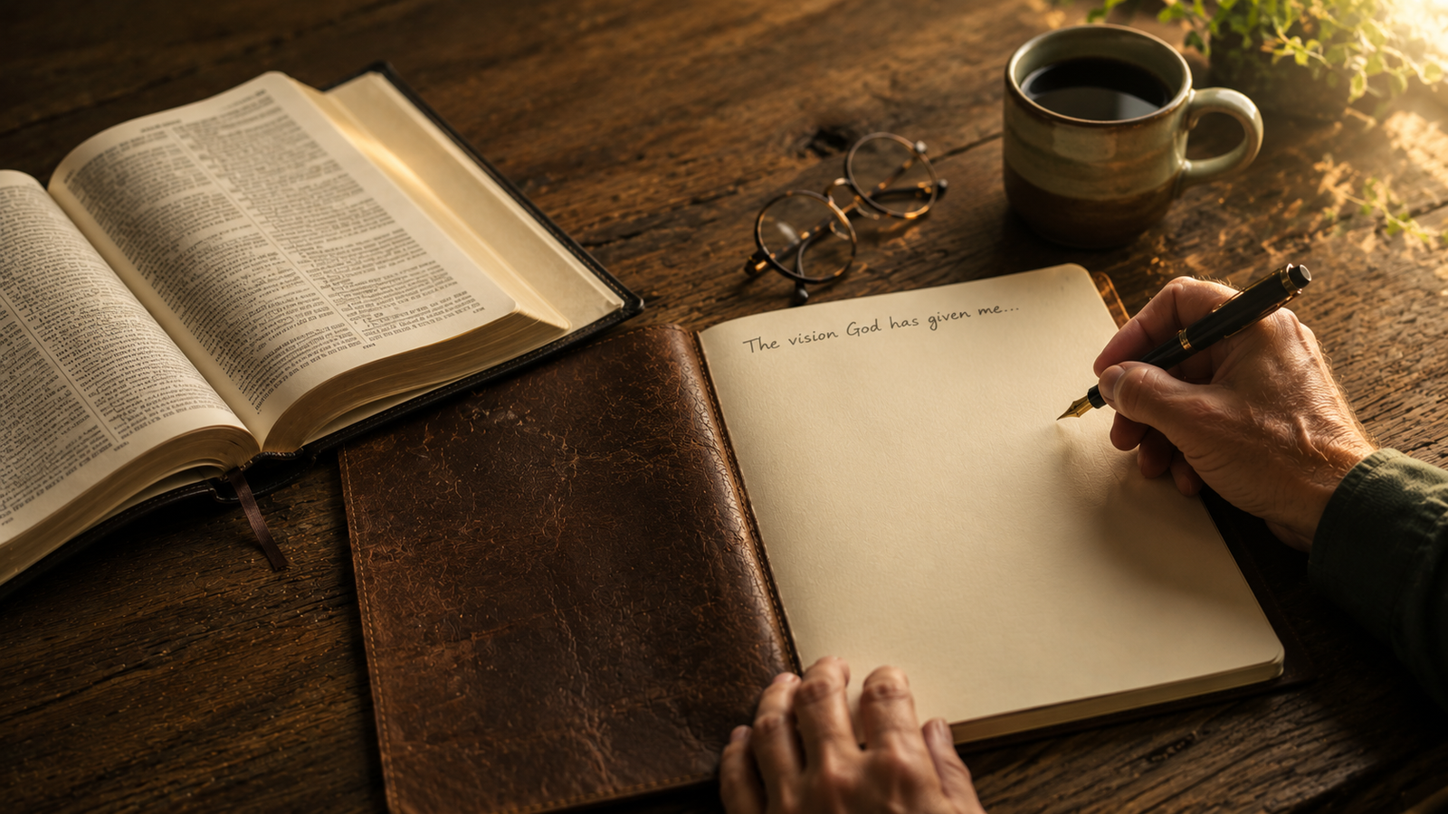 Write the Vision Hands writing in a leather journal beside an open Bible on a rustic wooden desk, symbolizing prayerful reflection, vision, and purposeful leadership.